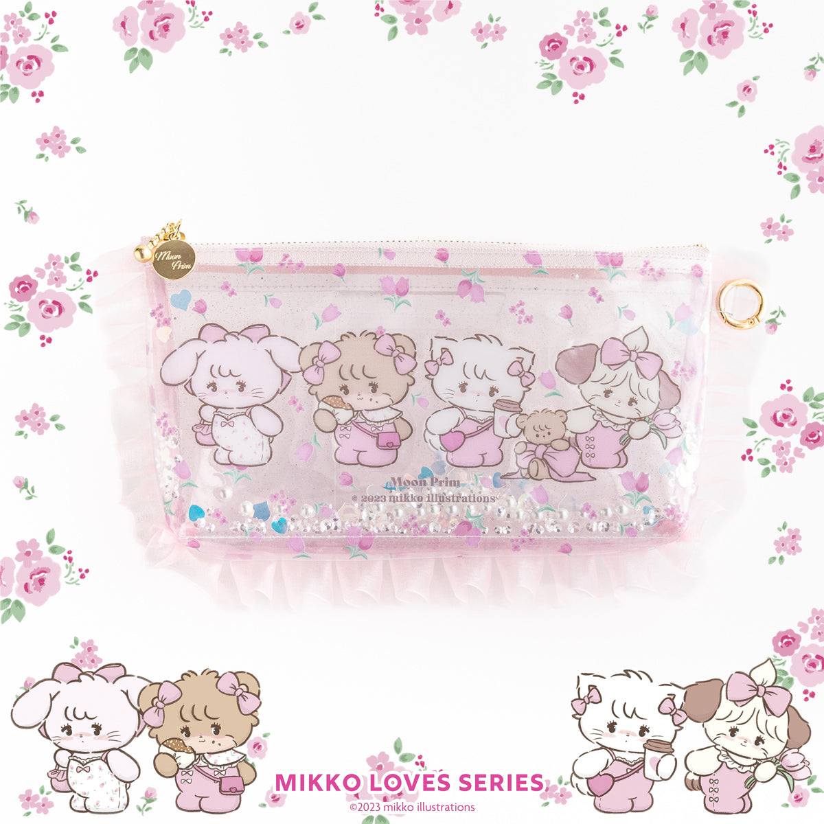 4 Characters Clear Pouch with Gusset (Size L・Color Pink)